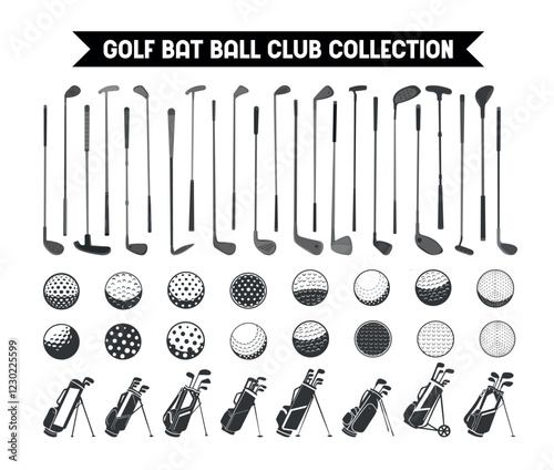 Golf vector clip art Isolated set, Golf hockey bat stick and ball, bag club big collection, Golf Outline silhouette vector set