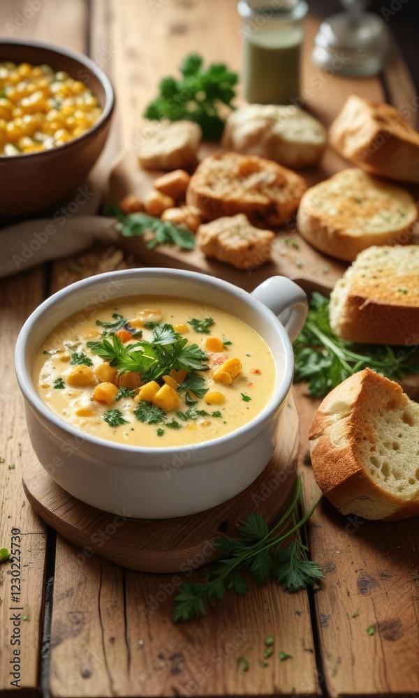 Rich and creamy corn chowder with a sprinkle of chopped parsley and crunchy croutons on a wooden table, creamy, chowder, rich Rich and creamy corn chowder with a sprinkle of chopped parsley and crunchy croutons on a wooden table, creamy, chowder, rich