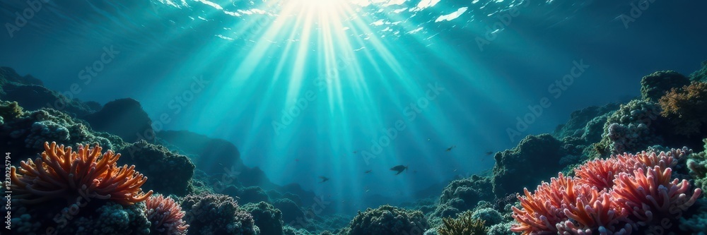 Fototapeta premium Sunbeam penetrates deep ocean, illuminating coral reef, light rays, sea