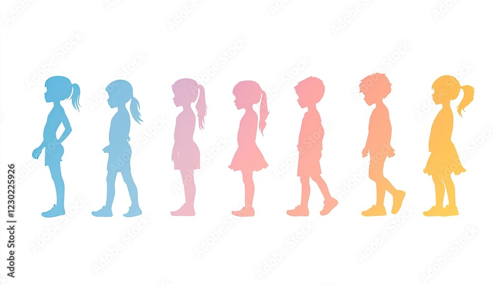 Silhouettes of children's bodies in different growth stages, on a white background. Vector illustration, with a flat design, simple shapes, and a minimalistic style. 