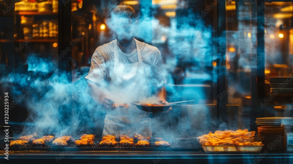 Chef grilling meat on smoky grill. Chef grilling meat on smoky grill.