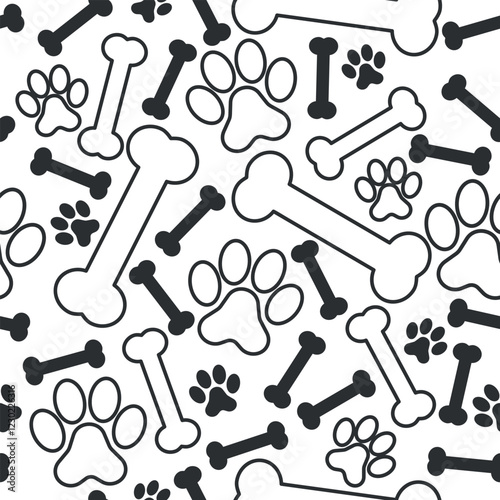 Black and White Dog Bones and Paws Pattern - Small and Large Bones and Footprints on White Background. Seamless Link.