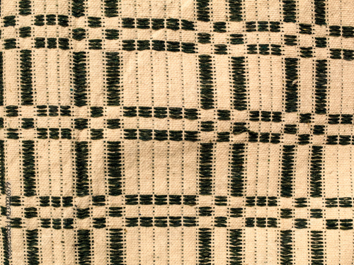 Geometric pattern in black and white, on an indigenous sleeping hammock, from Maranhão, Brazil. Indigenous art.