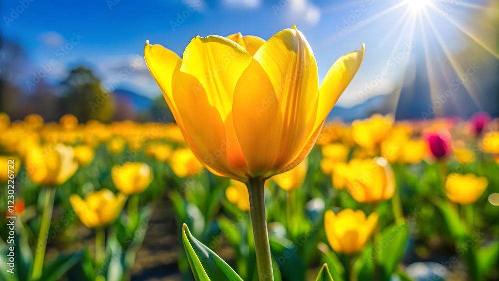 Bright Yellow Tulip in a Field of Tulips under a Sunny Sky Bright Yellow Tulip in a Field of Tulips under a Sunny Sky