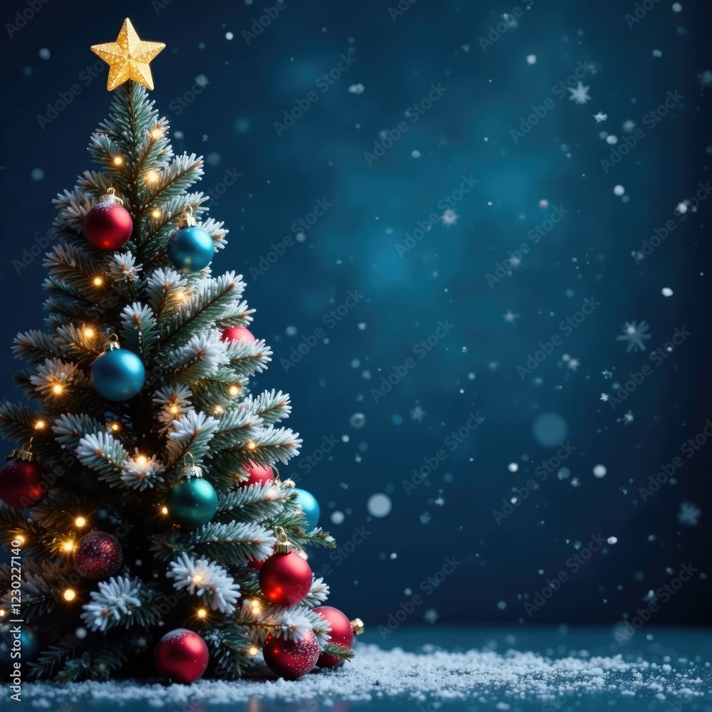 Dark blue background with falling snowflakes on a decorated Christmas tree, christmas tree, frosty atmosphere, holiday decor Dark blue background with falling snowflakes on a decorated Christmas tree, christmas tree, frosty atmosphere, holiday decor