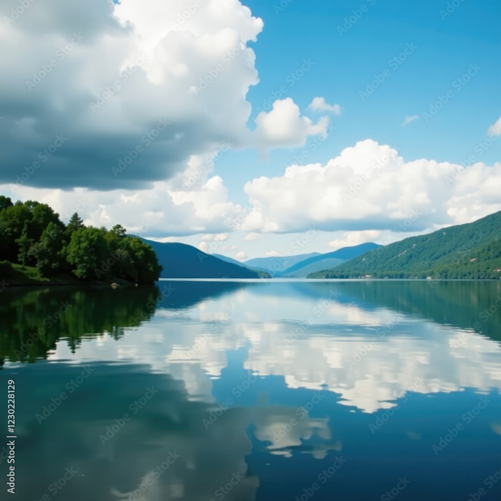 Serene lake scene with calm water and blue sky, calmness, sky, clouds Serene lake scene with calm water and blue sky, calmness, sky, clouds