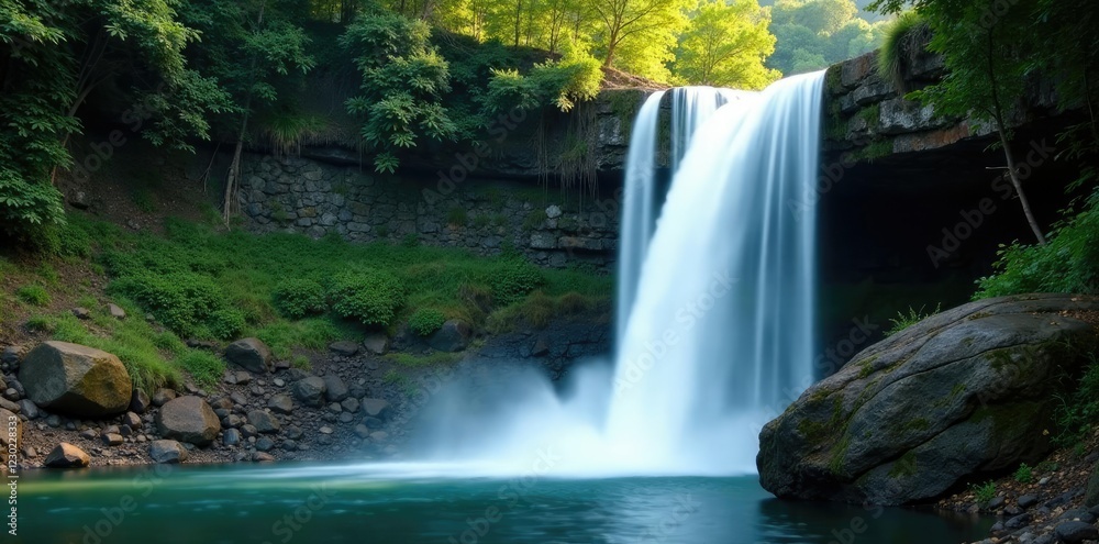 Fototapeta premium Serene waterfall cascading down a rocky slope, cascade, , atmosphere