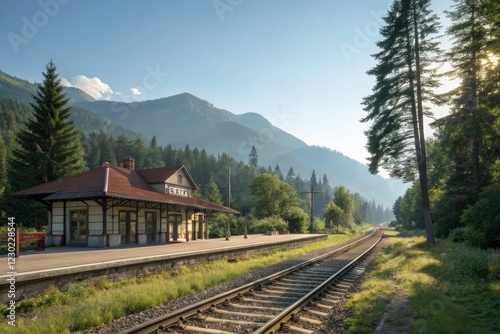 Scenic view of a railway station nestled among lush greenery and towering trees under a bright blue sky, nature, greenery