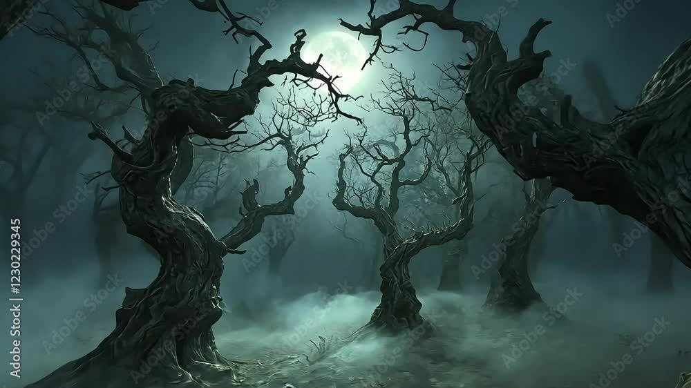 Eerie moonlit forest with twisted trees and fog, ideal for spooky or fantasy projects
