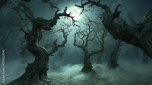 Eerie moonlit forest with twisted trees and fog, ideal for spooky or fantasy projects
