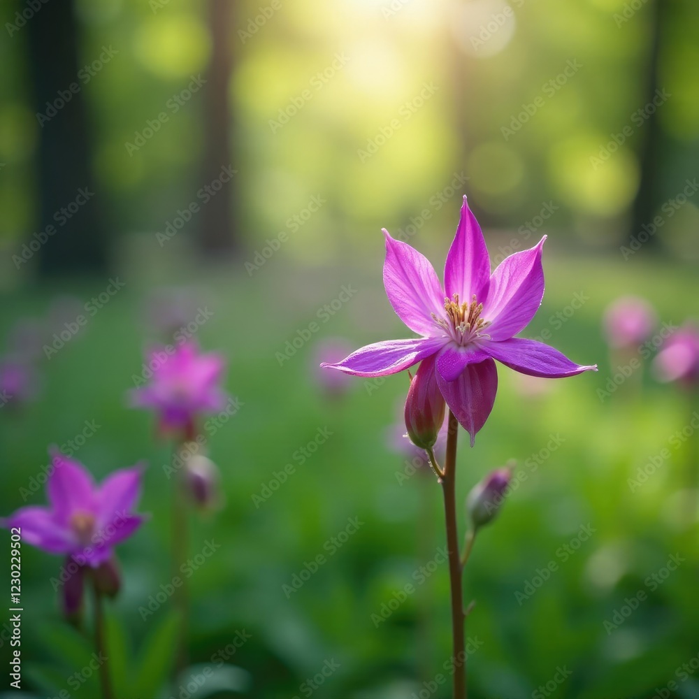 Fototapeta premium Single wild columbine Aquilegia canadensis in landscape, Wildflowers, , Floral
