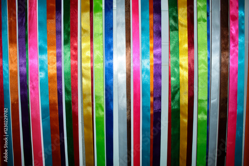 Curtain of colorful ribbons placed vertically side by side, typical of the costumes used at Bumba Boi parties, in the state of Maranhão, Brazil. photo