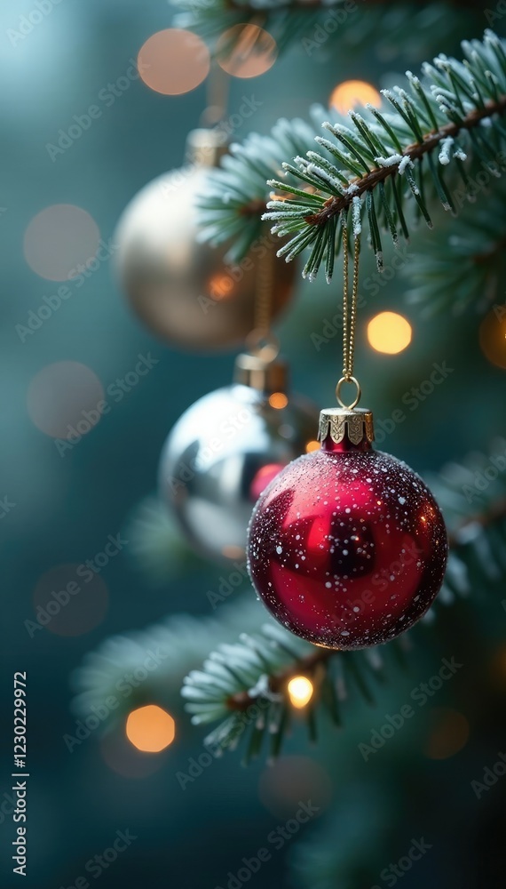 Sparkling silver and red ornaments hanging on a frosty pine branch, bokeh, ornaments Sparkling silver and red ornaments hanging on a frosty pine branch, bokeh, ornaments