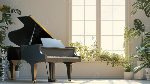A modern room with a baby grand piano and blank walls, planters with large leaf plants and cream color walls.