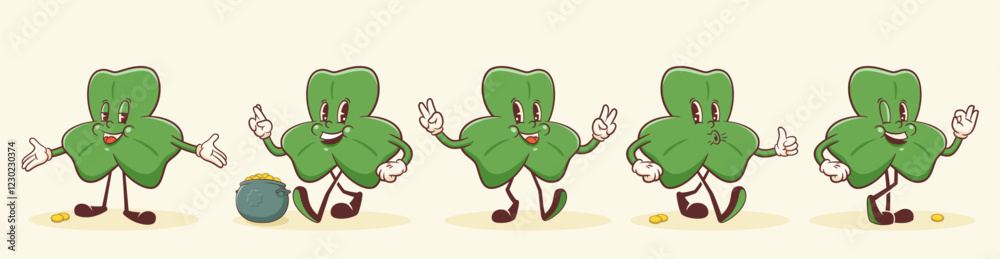 Saint Patrick Day Groovy Lucky Shamrock Retro Character Set. Cartoon Green Clover Trefoil and Gold Coins Pot Cauldron Personage Collection. Vector Irish Holiday Mascot Template Illustrations. Isolated Saint Patrick Day Groovy Lucky Shamrock Retro Character Set. Cartoon Green Clover Trefoil and Gold Coins Pot Cauldron Personage Collection. Vector Irish Holiday Mascot Template Illustrations. Isolated