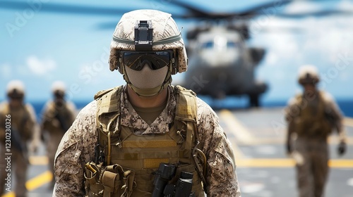 Military operations on aircraft carrier ocean action shot war environment close-up view combat readiness