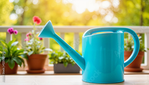 Watering can in vibrant garden setting