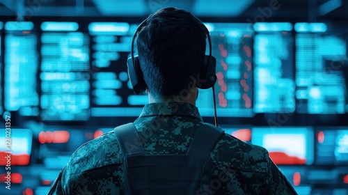 Military personnel monitoring cyber operations control center digital environment tactical view security strategy