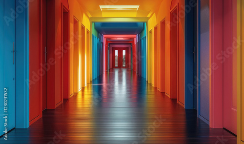A hallway of colored doors.