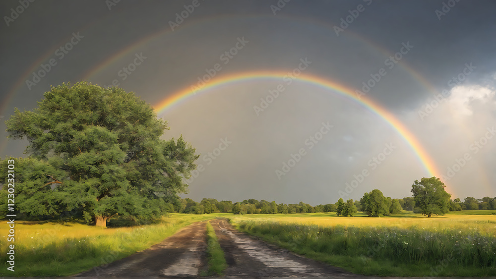 Naklejka premium summer landscape with sun and rainbow