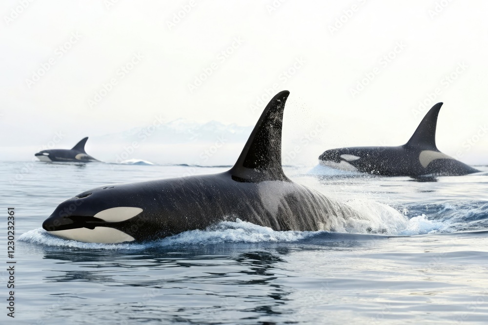 Naklejka premium Killer whales swimming with open fins isolated on white, orca swimming, killer whale in action, ocean creature, underwater scene