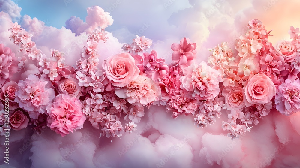 Breathtaking arrangement of lush vibrant pink roses peonies and other delicate blooms set against a soft dreamy pastel backdrop This romantic elegant floral display exudes beauty femininity Breathtaking arrangement of lush vibrant pink roses peonies and other delicate blooms set against a soft dreamy pastel backdrop This romantic elegant floral display exudes beauty femininity