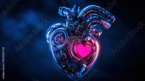 Futuristic mechanical heart with glowing pink center a stunning blend of technology and emotion, symbolizing love and innovation in a captivating abstract design photo