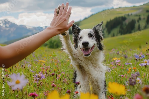 A dog is wagging its tail and giving a high five to a person