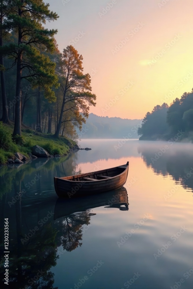 A lone rowboat floats on the lake's surface at dawn, its reflection mirrored in the surrounding trees, nature, trees A lone rowboat floats on the lake's surface at dawn, its reflection mirrored in the surrounding trees, nature, trees