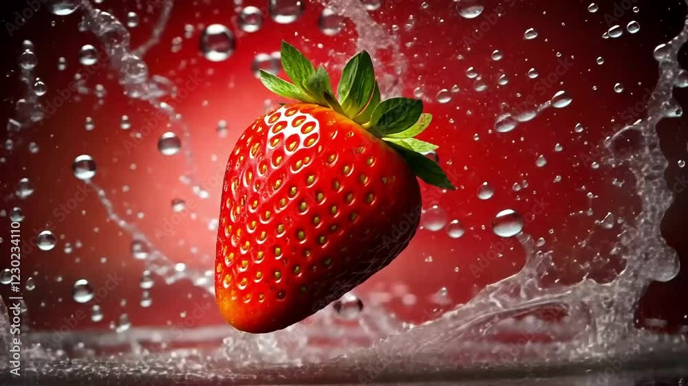 Fresh strawberry splashing in water against a red backdrop, ideal for food and drink promotions