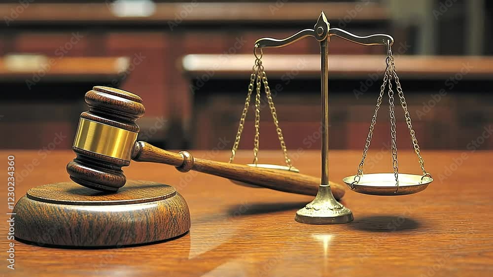 Gavel and scales of justice on table in courtroom, legal concept Gavel and scales of justice on table in courtroom, legal concept