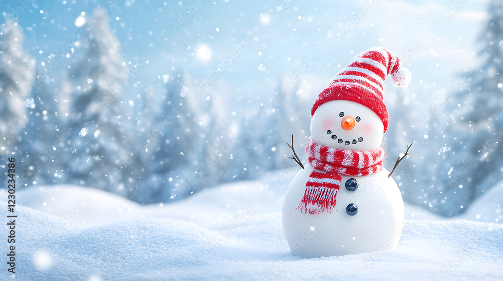 Fototapeta premium A panoramic view of a cheerful snowman in a winter landscape with room for text.