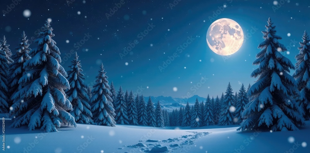 A serene forest with snowflakes falling gently under a vast starry sky and full moon, moonlight, stars, snowfall A serene forest with snowflakes falling gently under a vast starry sky and full moon, moonlight, stars, snowfall