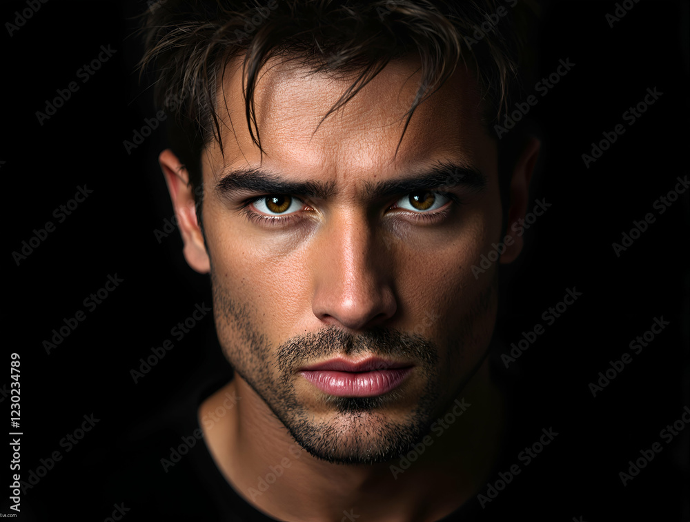 Fototapeta premium Charismatic Close-Up of a Man with Sharp Features and Intense Gaze in Soft Directional Lighting, Ideal for Male Portraiture and Editorial Photography