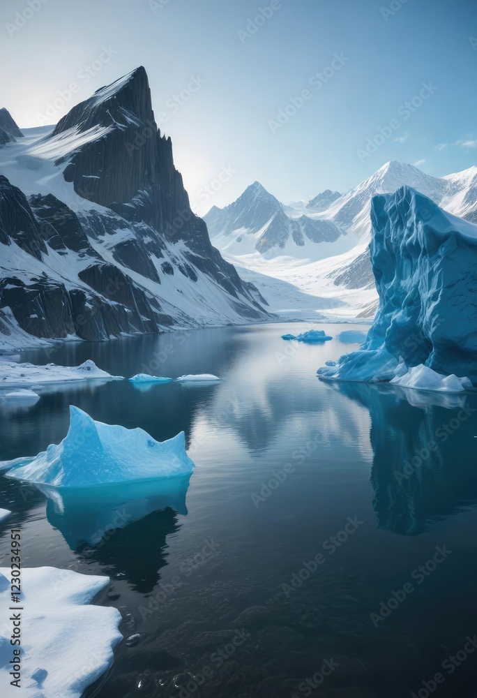 Naklejka premium Snowy mountains, blue iceberg, and calm water of a bay , frozen mountain range, natural wonder