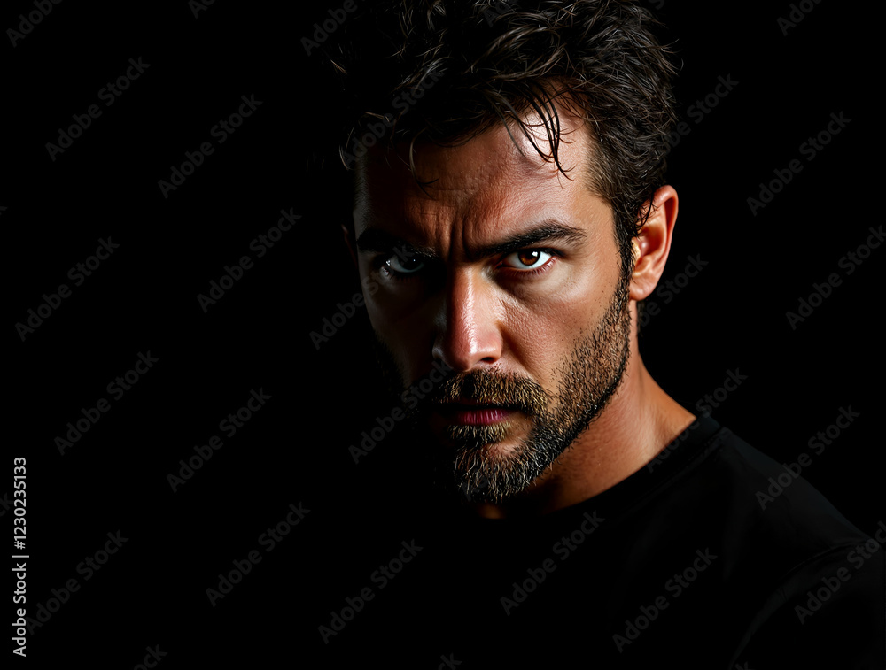 Fototapeta premium High-Contrast Cinematic Portrait of a Rugged Man with Intense Gaze and Tousled Hair in Moody Lighting, Perfect for Fashion Editorial and Dramatic Male Portraits