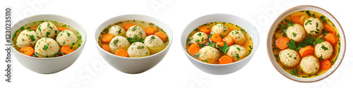 Bowl of matzo ball soup with carrot isolated on transparent background, PNG, set of photo