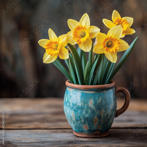 Wallpaper Mural Vibrant spring daffodils in rustic ceramic mug on wooden table Torontodigital.ca