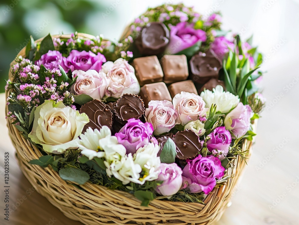 Heart-Shaped Basket with Flowers and Chocolates Heart-Shaped Basket with Flowers and Chocolates