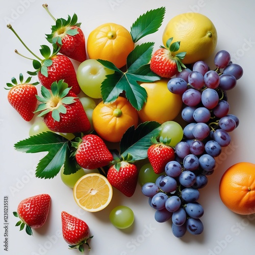 All kinds of sweet and fresh fruit, On a white background, there is a circular disposable plastic plate filled with fruits, with water droplets on the surface of the fruits. top view.