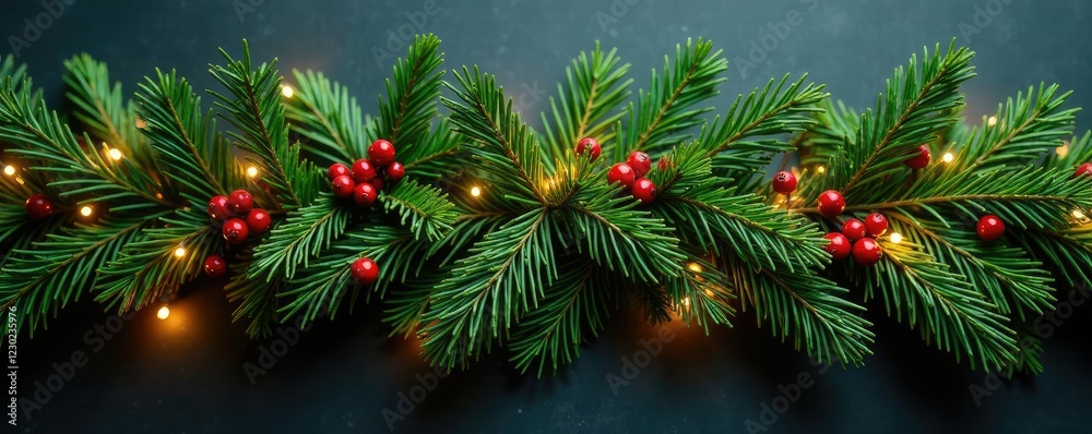Coniferous branch swag with fairy lights and holly sprigs, coniferous branches, evergreen wreaths, fairy lights Coniferous branch swag with fairy lights and holly sprigs, coniferous branches, evergreen wreaths, fairy lights