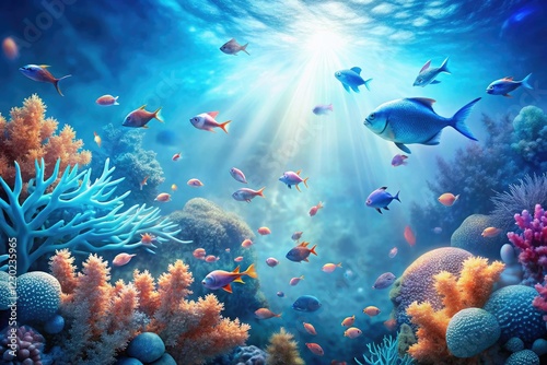 Soft focus blue gradient wallpaper with scattered fish and coral, aquatic environments, calming gradients, peaceful waterscapes photo