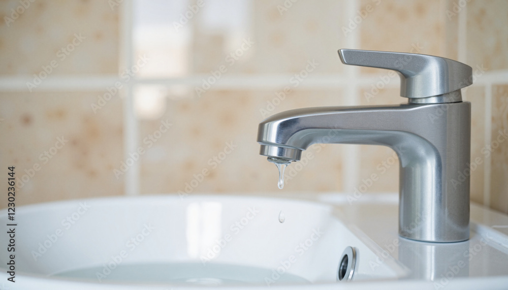 Modern faucet draining water into white sink Modern faucet draining water into white sink