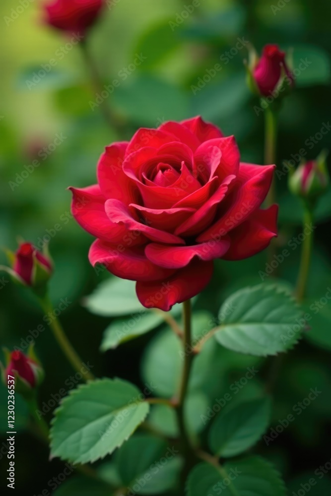 Crimson rose in full bloom amidst lush greenery, flora, stems, verdant background Crimson rose in full bloom amidst lush greenery, flora, stems, verdant background