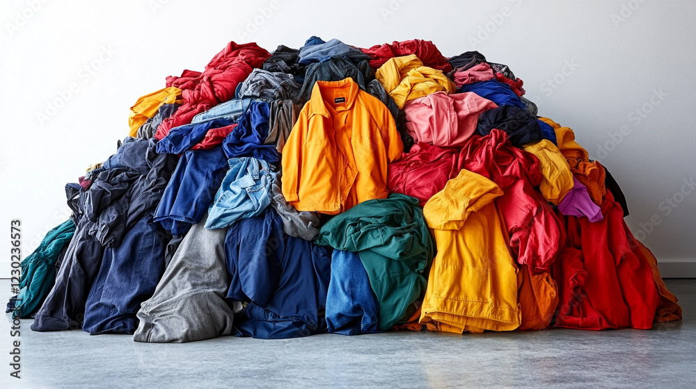 A large pile of discarded clothing in a landfill symbolizing waste and environmental pollution minimalistic bright tone modern blurred empty blank caption space on the side
A large pile of discarded clothing in a landfill symbolizing waste and environmental pollution minimalistic bright tone modern blurred empty blank caption space on the side