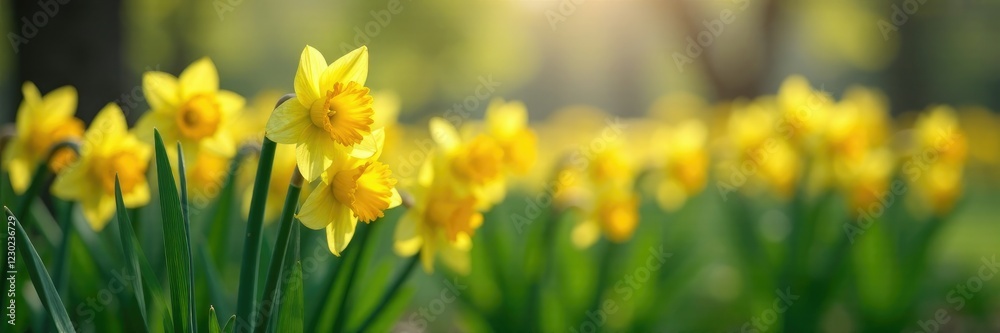 Daffodil plants in a spring garden with a subtle misty atmosphere and soft focus, daffodils, nature, garden Daffodil plants in a spring garden with a subtle misty atmosphere and soft focus, daffodils, nature, garden