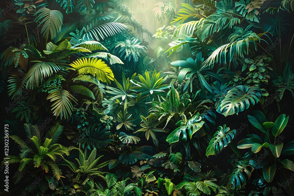 Fototapeta premium Dense greenery fills the scene with various types of leaves, ferns, and tropical plants. Sunlight streams through the foliage, creating a serene and vibrant atmosphere in the forest