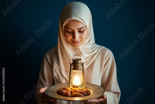 Rustic Ramadan Aesthetics Traditional Dates on Ornate Islamic Plate - Cultural Enrichment and Culinary Trends for Ramadan and Iftar Celebrations with Young Muslim Demographic photo