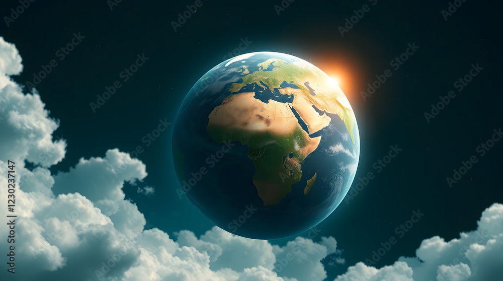 Fototapeta premium Earthrise, sunrise over the planet Earth viewed from space, surrounded by fluffy clouds. 