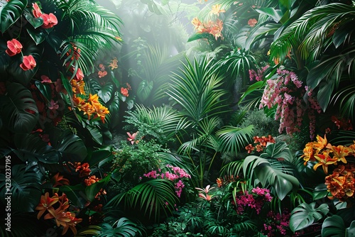 A dense tropical garden showcases an array of vibrant flowers and lush green foliage. Soft light filters through the leaves, creating a serene and enchanting atmosphere